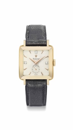 Rolex. A rare and unusual 18K gold and diamond-set square-shaped automatic wristwatch