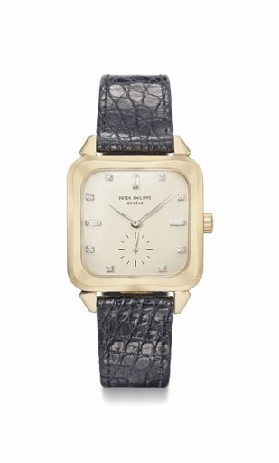 Patek Philippe. A fine and rare 18K gold and diamond-set square automatic wristwatch