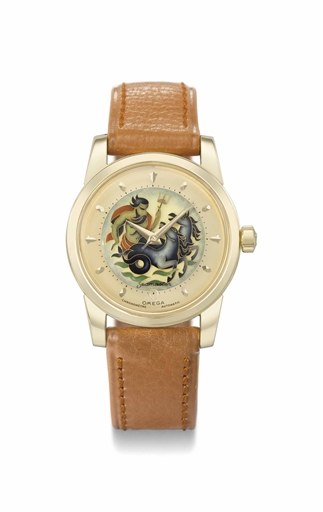 Omega. An extremely fine, rare and attractive 18K gold self-winding wristwatch with cloisonne enamel dial depicting Neptune, original certificate, brochure and presentation box