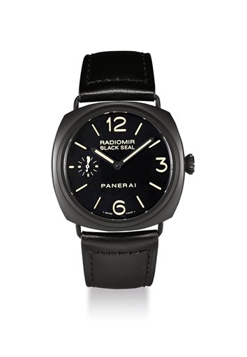 PANERAI. A LARGE STAINLESS STEEL AND BLACK CERAMIC LIMITED EDITION CUSHION-SHAPED WRISTWATCH WITH POWER RESERVE