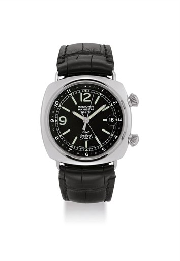PANERAI. A STAINLESS STEEL LIMITED EDITION CUSHION-SHAPED AUTOMATIC DUAL TIME WRISTWATCH WITH DATE AND ALARM