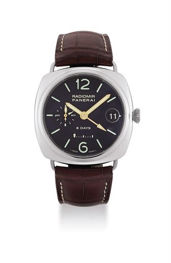 PANERAI. A FINE, RARE AND LARGE PLATINUM LIMITED EDITION CUSHION-SHAPED DUAL TIME WRISTWATCH WITH DATE, AM AND PM INDICATION AND EIGHT DAY POWER RESERVE