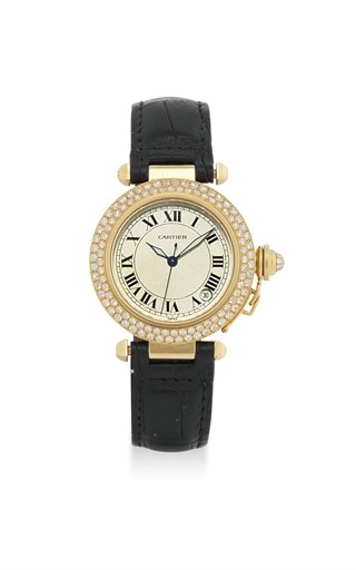 CARTIER. AN 18K GOLD AND DIAMOND-SET AUTOMATIC WRISTWATCH WITH SWEEP CENTRE SECONDS AND DATE