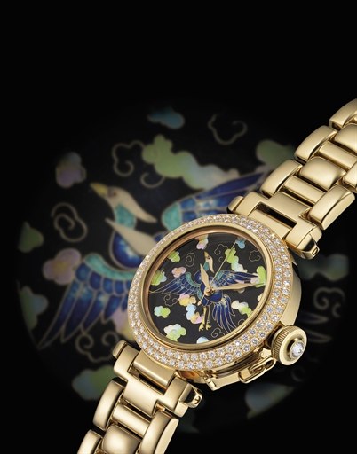 CARTIER. A VERY RARE AND FINE LIMITED EDITION 18K GOLD AND DIAMOND-SET AUTOMATIC BRACELET WATCH WITH CLOISONNE ENAMEL DIAL
