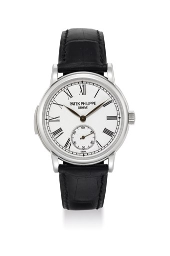PATEK PHILIPPE. A VERY FINE AND EXTREMELY RARE PLATINUM MINUTE REPEATING AUTOMATIC WRISTWATCH WITH WHITE ENAMEL DIAL, ADDITIONAL CASE BACK, ORIGINAL CERTIFICATE AND BOX