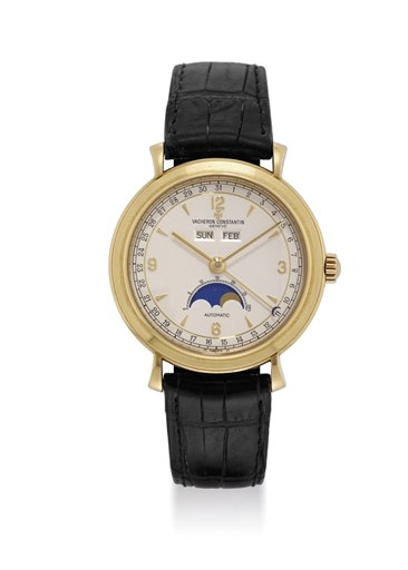 VACHERON CONSTANTIN. A FINE 18K GOLD AUTOMATIC TRIPLE CALENDAR WRISTWATCH WITH MOON PHASES