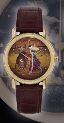 ULYSSE NARDIN. A FINE 18K GOLD LIMITED EDITION AUTOMATIC WRISTWATCH WITH CLOISONNÉ ENAMEL DIAL AND SWEEP CENTRE SECONDS