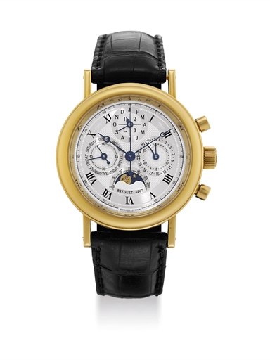 BREGUET. A FINE 18K GOLD PERPETUAL CALENDAR CHRONOGRAPH WRISTWATCH WITH MOON PHASES, LEAP YEAR INDICATION, ORIGINAL CERTIFICATE AND BOX