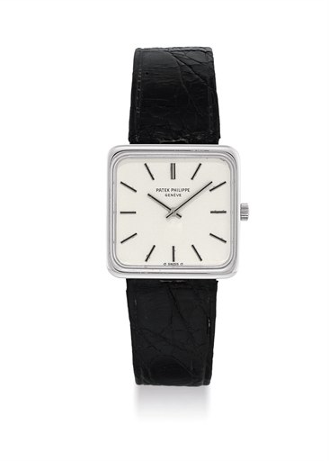 PATEK PHILIPPE. A RARE 18K WHITE GOLD SQUARE WRISTWATCH