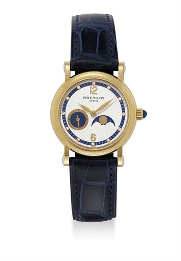 PATEK PHILIPPE. A LADY'S FINE 18K GOLD AND DIAMOND-SET WRISTWATCH WITH MOON PHASES