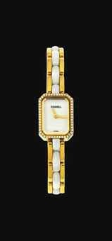 An 18ct gold, ceramic and diamond quartz wristwatch, by Chanel