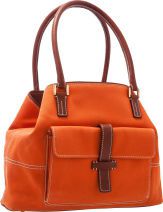 Loro Piana Orange Canvas Brown Leather Globe Tote Bag with.Gold Hardware.