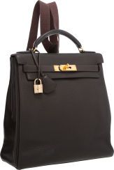Hermes 28cm Ebene Clemence Leather Kelly Ado Backpack Bag with Gold.Hardware.