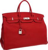 Hermes 50cm Rouge Garance Togo Leather Travel Birkin Bag with.Palladium Hardware.