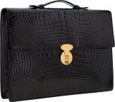 Bally Shiny Black Crocodile Briefcase Bag with Gold Hardware.