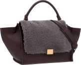 Celine Brown Leather Gray Shearling Trapeze Bag.