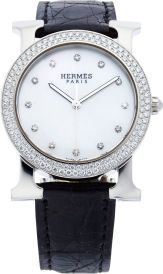 Hermes Diamond Stainless Steel H Hour Round Watch with Black.Crocodile Strap.