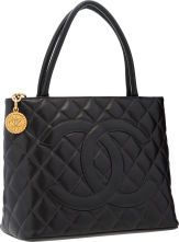 Chanel Black Caviar Leather Medallion Tote Bag with Gold Hardware.
