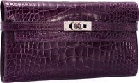 Hermes Shiny Amethyst Alligator Kelly Long Wallet with Palladium.Hardware.