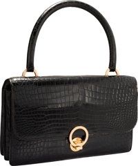 Hermes Shiny Black Crocodile Sac Ring Bag with Gold Hardware.