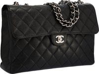 Chanel Black Quilted Caviar Leather Jumbo Single Flap Bag with.Silver Hardware.