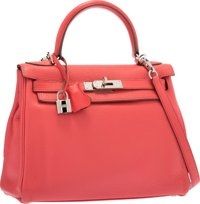 Hermes 28cm Rose Jaipur Clemence Leather Retourne Kelly Bag with.Palladium Hardware.