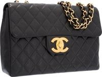Chanel Black Quilted Caviar Leather Jumbo Single Flap Bag with Gold.Hardware.