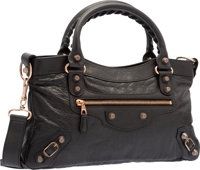 Balenciaga Gris Fossile Gray Lambskin Leather Rose Gold First Bag..Very Good to Excellent Condition. 13 Width x 7.He...
