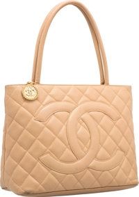 Chanel Tan Caviar Leather Medallion Tote Bag with Gold Hardware..Very Good Condition. 12.5 Width x 9.5 Height x 5.D...