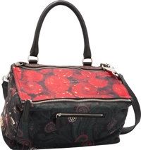 Givenchy Black, Red Green Floral Lambskin Leather Medium.Pandora Bag. Excellent to Pristine Condition. 13 Width x.7...