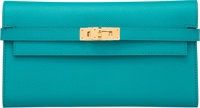 Hermes Blue Paon Epsom Leather Kelly Long Wallet with Gold.Hardware. P Square, 2012. Pristine Condition. 8 Width x 4.5.H...
