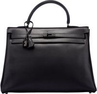 Hermes Limited Edition 35cm So Black Calf Box Leather Retourne.Kelly Bag with PVD Hardware. N Square, 2010. Very Good...