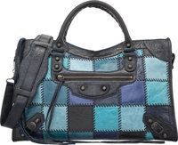 Balenciaga Blue Distressed Lambskin Leather Patchwork Classic City.Bag. Excellent Condition. 15 Width x 9.5 Height.x...