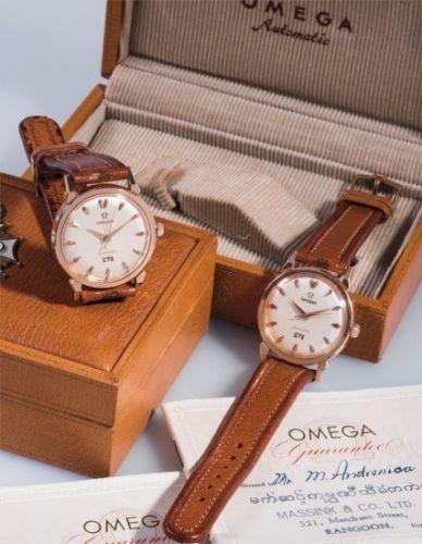 Omega Follow;Ref. 2850S.C.;An extremely rare and attractive pair of pink gold wristwatches with center seconds made in commemoration of the 1956 Olympic Games in Melbourne