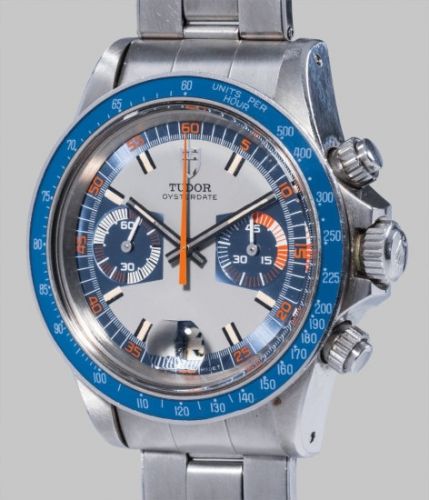 Tudor Follow;Ref. 7149/0;A fine and rare stainless steel chronograph wristwatch with matte grey and blue dial, blue acrylic tachymeter bezel, date and bracelet