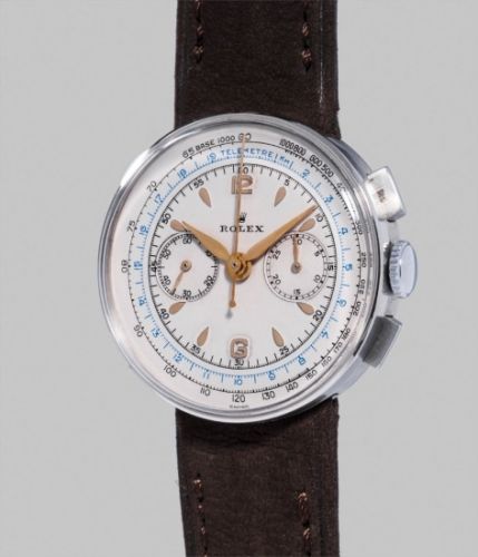 Rolex Follow;Ref. 3233;A rare and attractive stainless steel chronograph wristwatch with ivory grené dial and "hidden" lugs