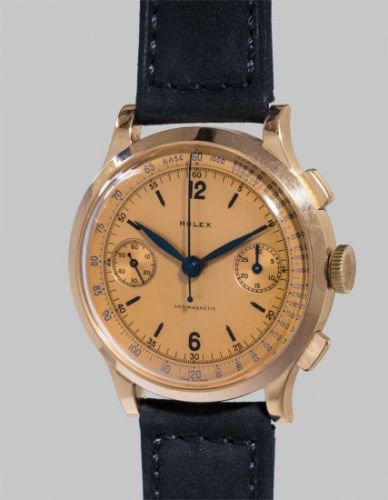 Rolex Follow;Ref. 3695;An extremely rare, well preserved and attractive yellow gold anti-magnetic chronograph wristwatch with champagne dial