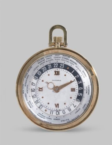 Agassiz Follow;A highly rare and well preserved 14k yellow gold world time openface watch