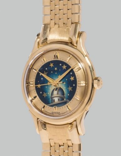 Omega Follow;Ref. 2699 SC;A fine and rare yellow gold wristwatch on bracelet with cloisonné enamel dial depicting the cupola of the Geneva Observatory