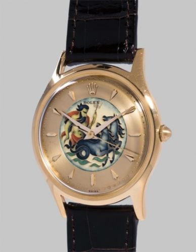 Rolex Follow;Ref. 8382;An extremely rare and attractive yellow gold wristwatch with cloisonné enamel dial depicting Neptune