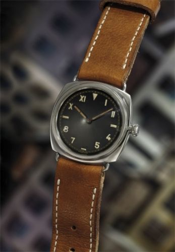 Panerai Follow;Ref. 3646;An early and very rare stainless steel cushion-shaped diver’s wristwatch with glossy black California dial.