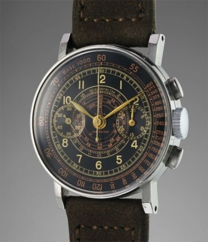 Omega Follow;Ref. CK 2078;A rare and attractive stainless steel chronograph wristwatch with black multi-scale dial and angled lugs