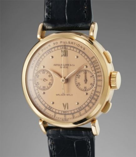 Patek Philippe Follow;Ref. 591;A rare and attractive pink gold chronograph wristwatch with pink dial and pulsation scale, retailed by Waser Wald