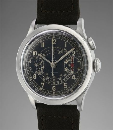 Omega Follow;Ref. CK 988;A fine and rare stainless steel chronograph wristwatch with black retailed by Rud. Niklaus Bern