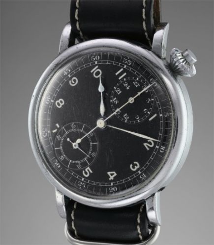 Meylan Follow;An oversized, rare and historically important asymmetrical chrome plated pilots' chronograph wristwatch with black dial, single button pusher and military markings, made for the US Army