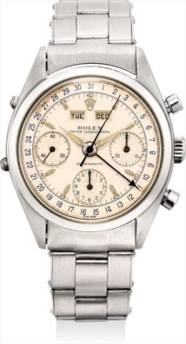 Rolex Follow;Ref. 6236;An important, fine and rare stainless steel chronograph wristwatch with triple calendar, luminous dial and bracelet, retailed by Bucherer