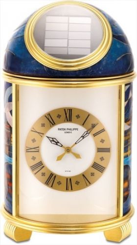 Patek Philippe Follow;Ref. 1164;An extremely fine and unique gilt brass solar power dome table clock with cloisonné enamel scene of 'Geneva, 1997' signed by L. Chappaz