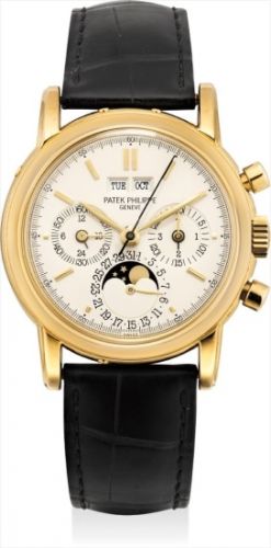 Patek Philippe Follow;Ref. 3971E;A fine and very rare gold perpetual calendar chronograph wristwatch with moon phases, 24 hours, leap year indicator, sapphire crystal case back and original certificate