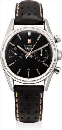 Heuer Follow;Ref. 3147N;An attractive and rare stainless steel chronograph wristwatch with black dial and red date