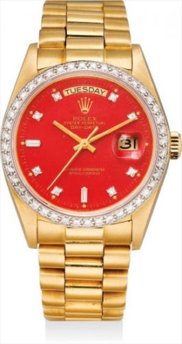 Rolex Follow;Ref. 18048;A very fine and extremely attractive gold and diamond-set wristwatch with sweep centre seconds, day, date, red Stella dial, bracelet and Guarantee